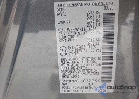 2020 Nissan Pathfinder Sv 2Wd z USA, uszkodzony, nr VIN 5N1DR2BN8LC632755